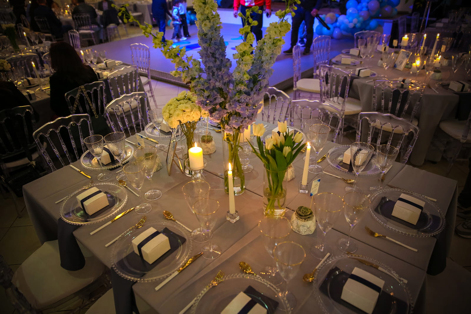 A table set for a reception at Ampelones Hall