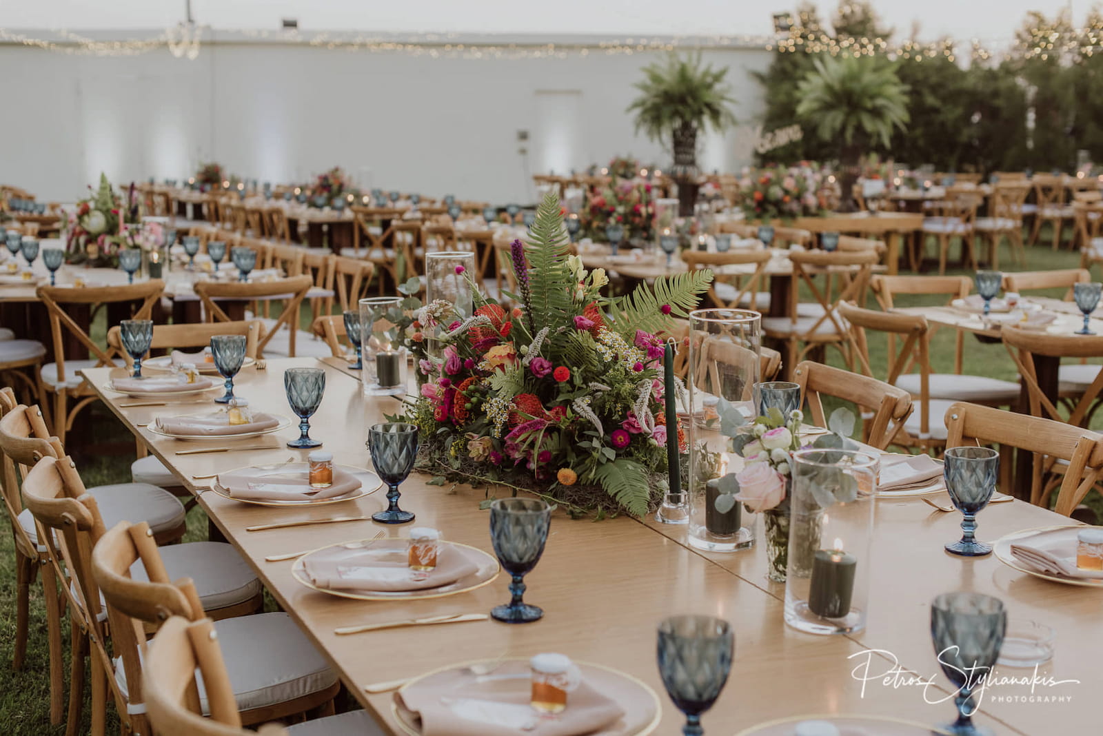 The garden at Ampelones Hall set for a sunset reception